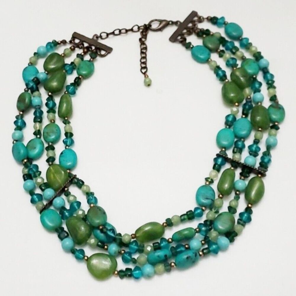 Vintage Green Faux Turquoise Acrylic goldtone bead metal clasp 4 strand necklace